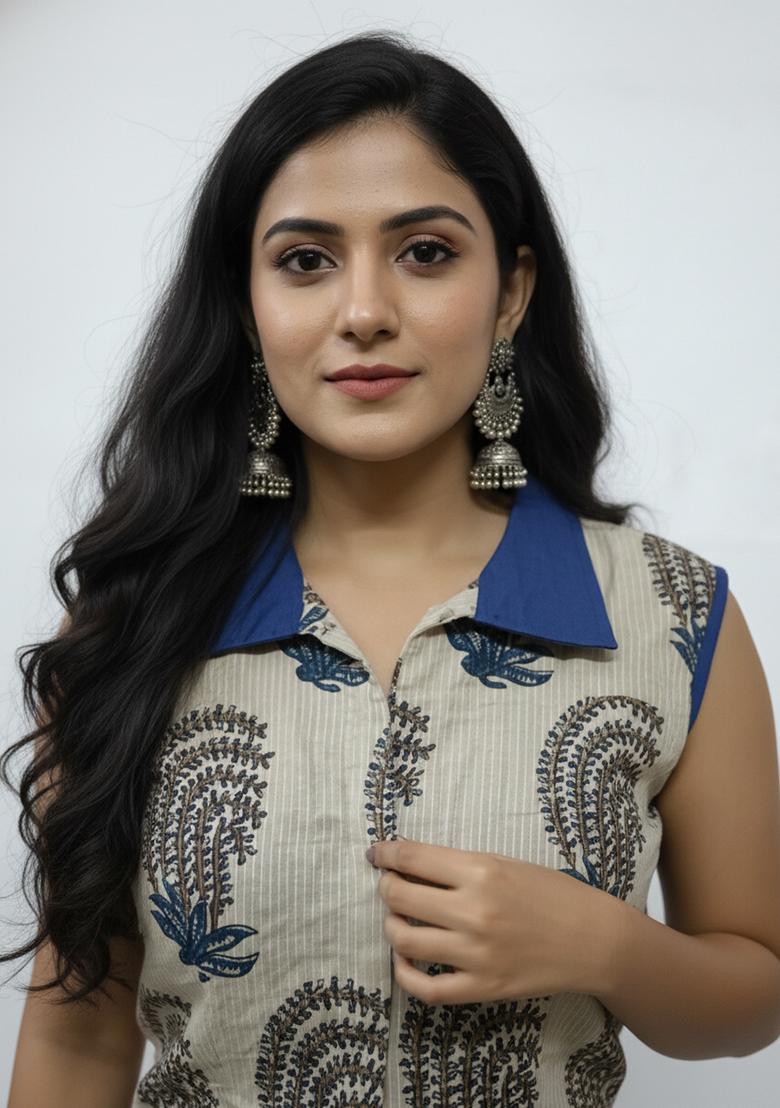 White Printed Cotton Blouse - Indya