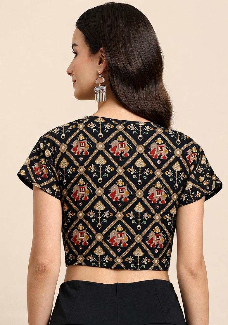 Black Printed Cotton Blouse - Indya