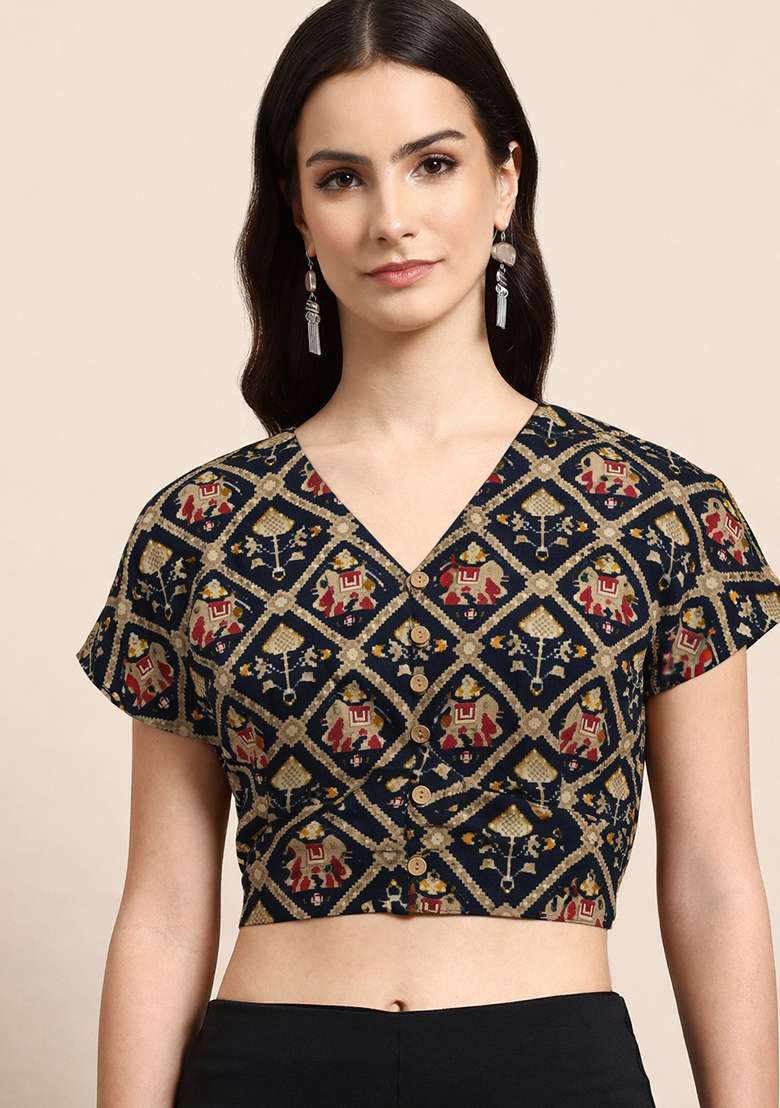 Black Printed Cotton Blouse - Indya