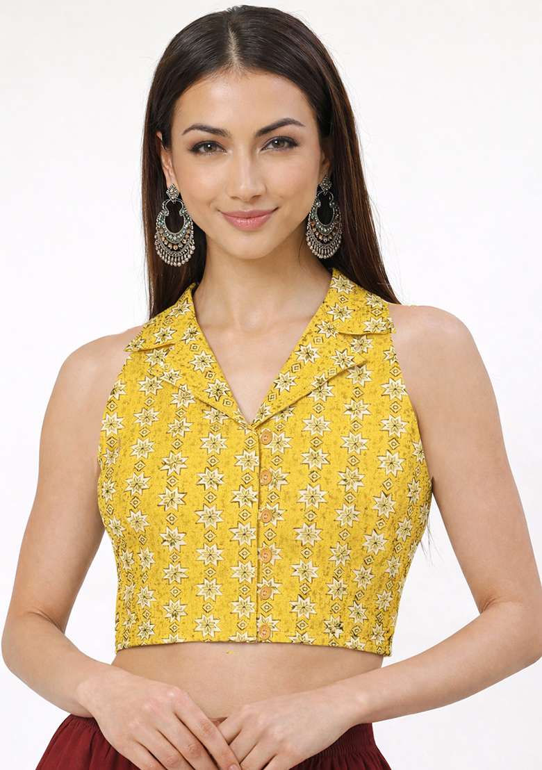 Yellow Printed Cotton Blouse - Indya