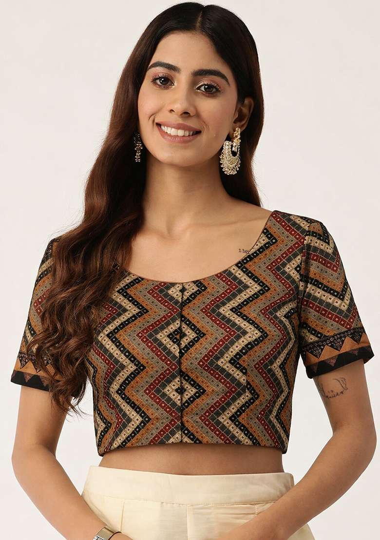 Brown Printed Cotton Blouse - Indya