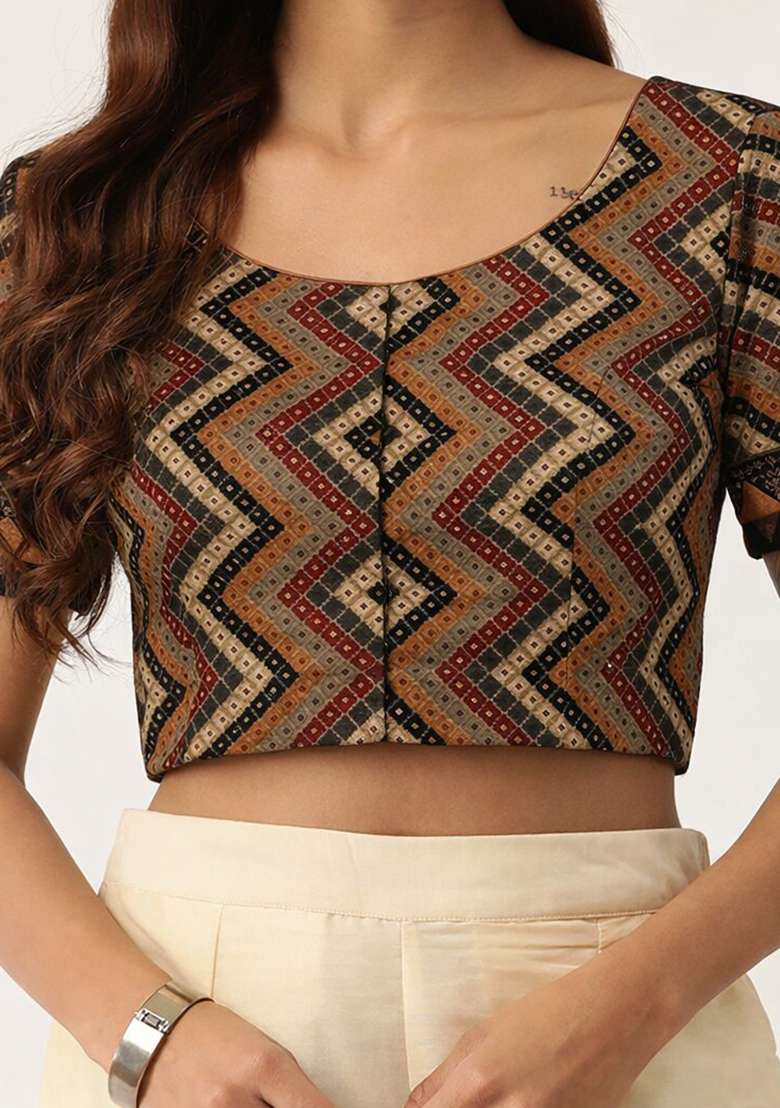 Brown Printed Cotton Blouse - Indya