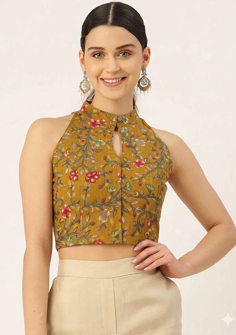 Mustard Printed Cotton Blouse - Indya