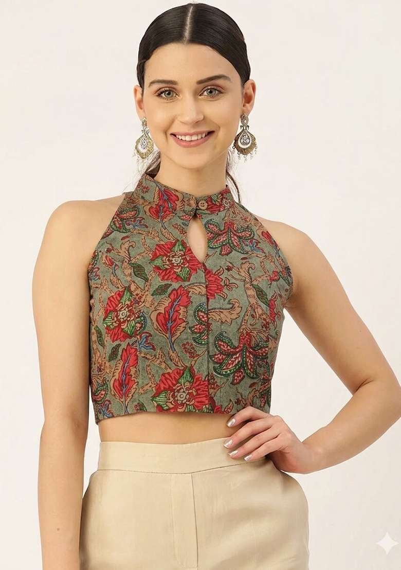 Olive Printed Cotton Blouse - Indya