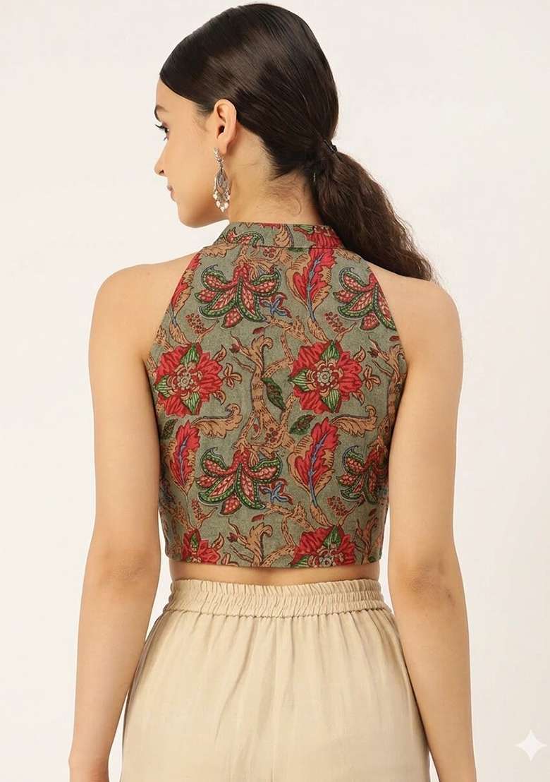 Olive Printed Cotton Blouse - Indya