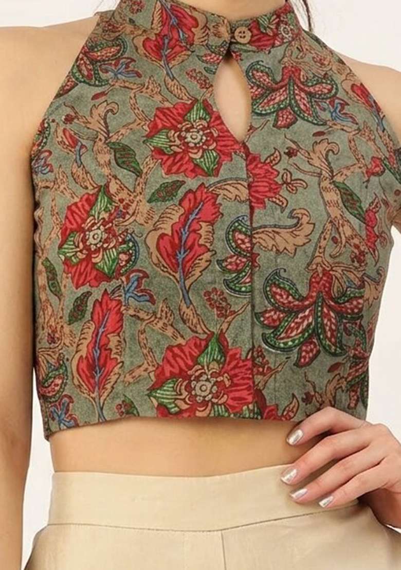 Olive Printed Cotton Blouse - Indya