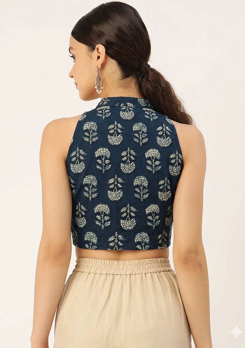 Blue Printed Cotton Blouse - Indya