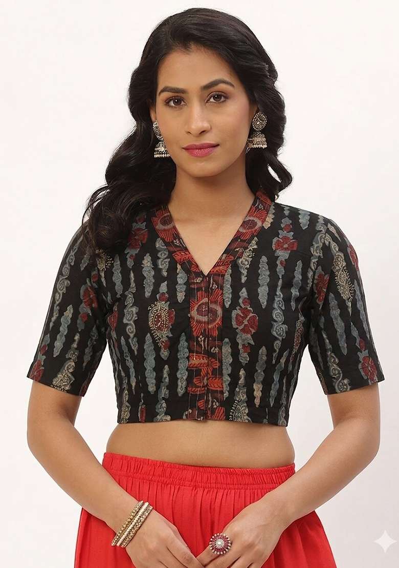 Black Printed Cotton Blouse - Indya