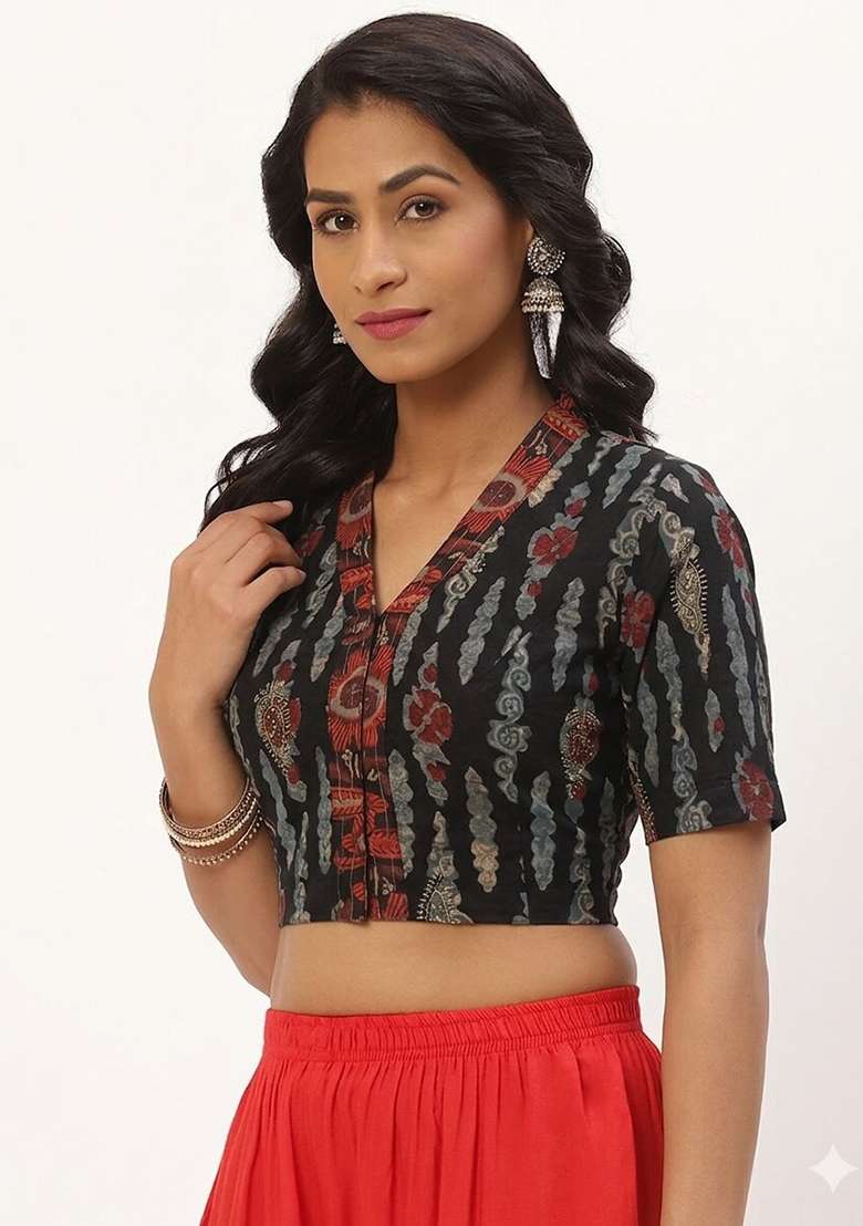 Black Printed Cotton Blouse - Indya