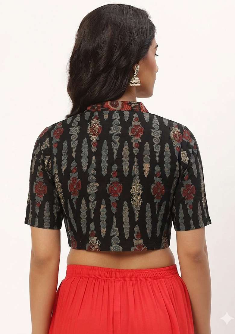 Black Printed Cotton Blouse - Indya