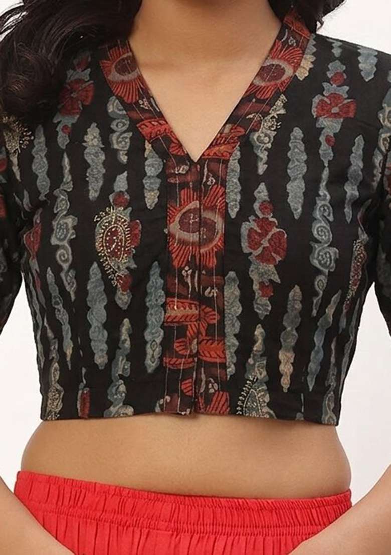 Black Printed Cotton Blouse - Indya