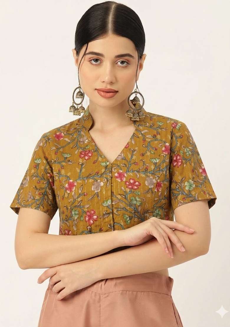 Mustard Printed Cotton Blouse - Indya