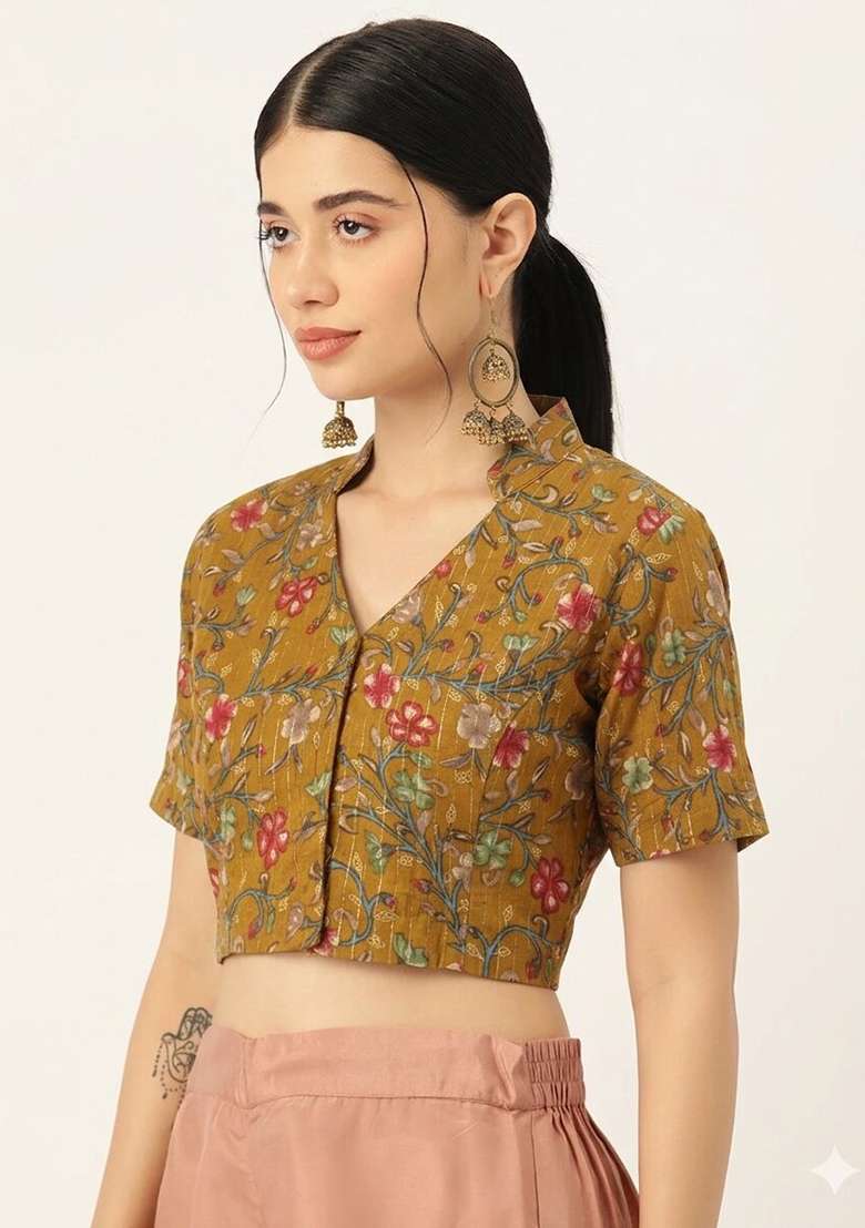 Mustard Printed Cotton Blouse - Indya