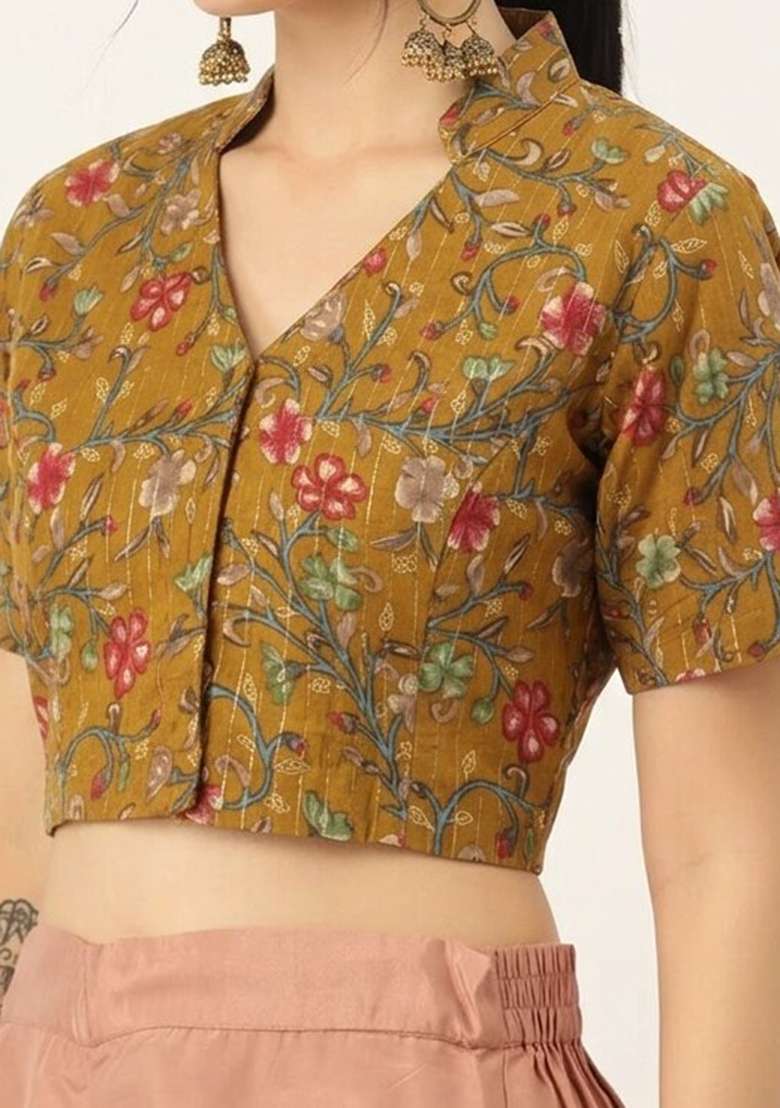 Mustard Printed Cotton Blouse - Indya