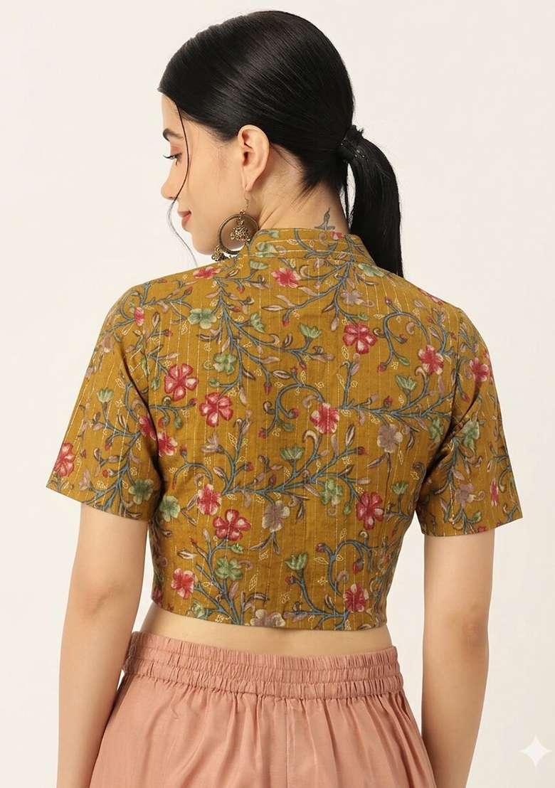 Mustard Printed Cotton Blouse - Indya