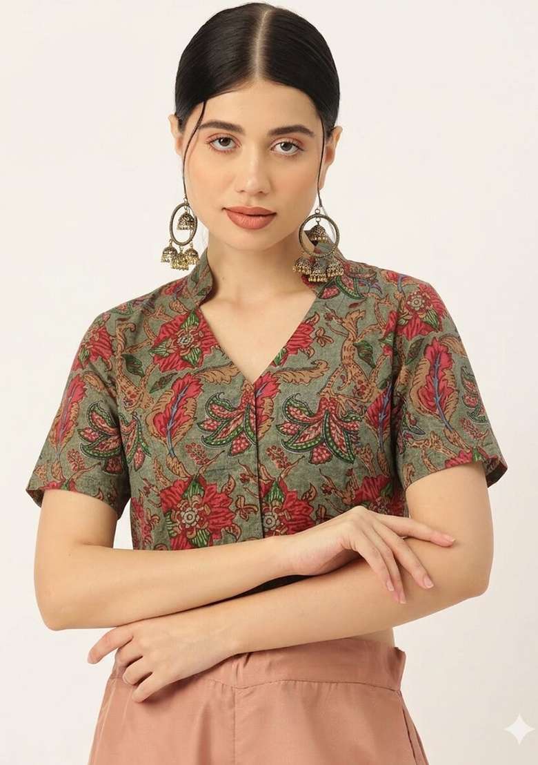 Olive Printed Cotton Blouse - Indya
