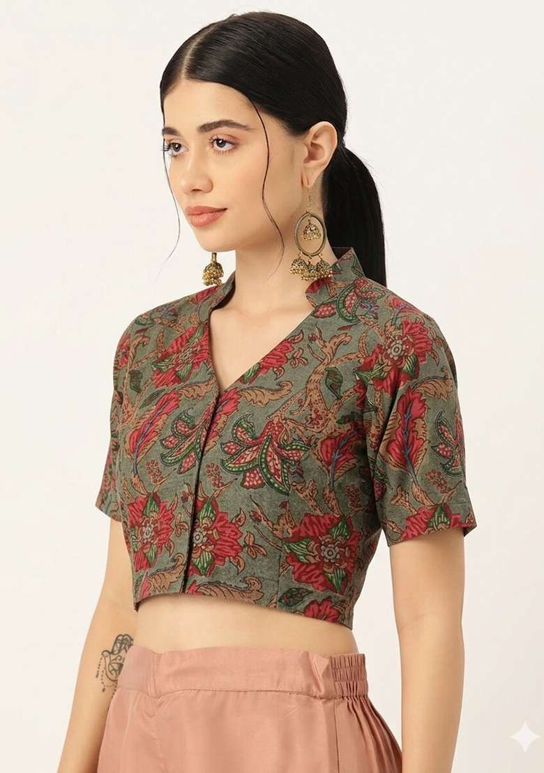 Olive Printed Cotton Blouse - Indya