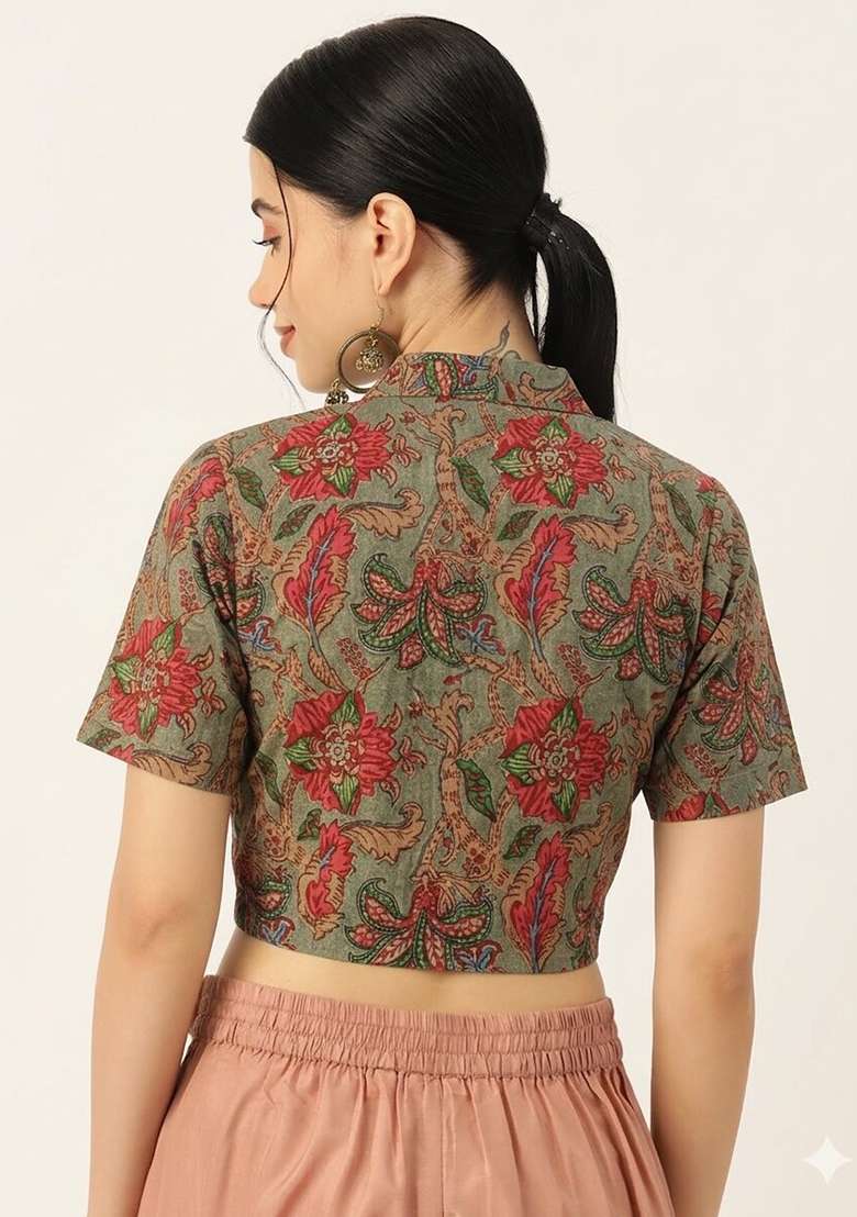 Olive Printed Cotton Blouse - Indya