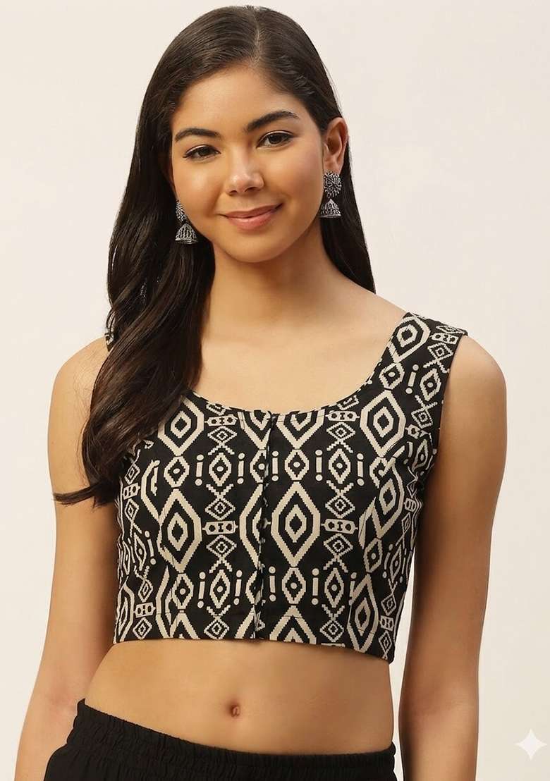 Black Printed Cotton Blouse - Indya