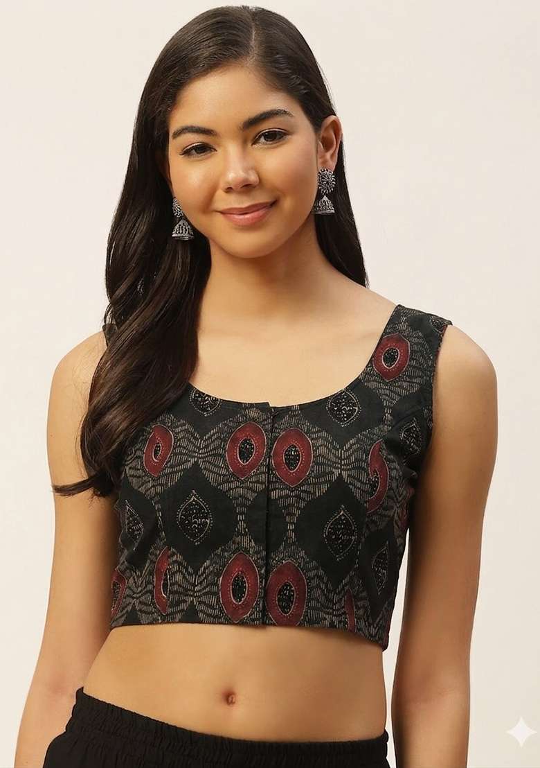 Black Printed Cotton Blouse - Indya