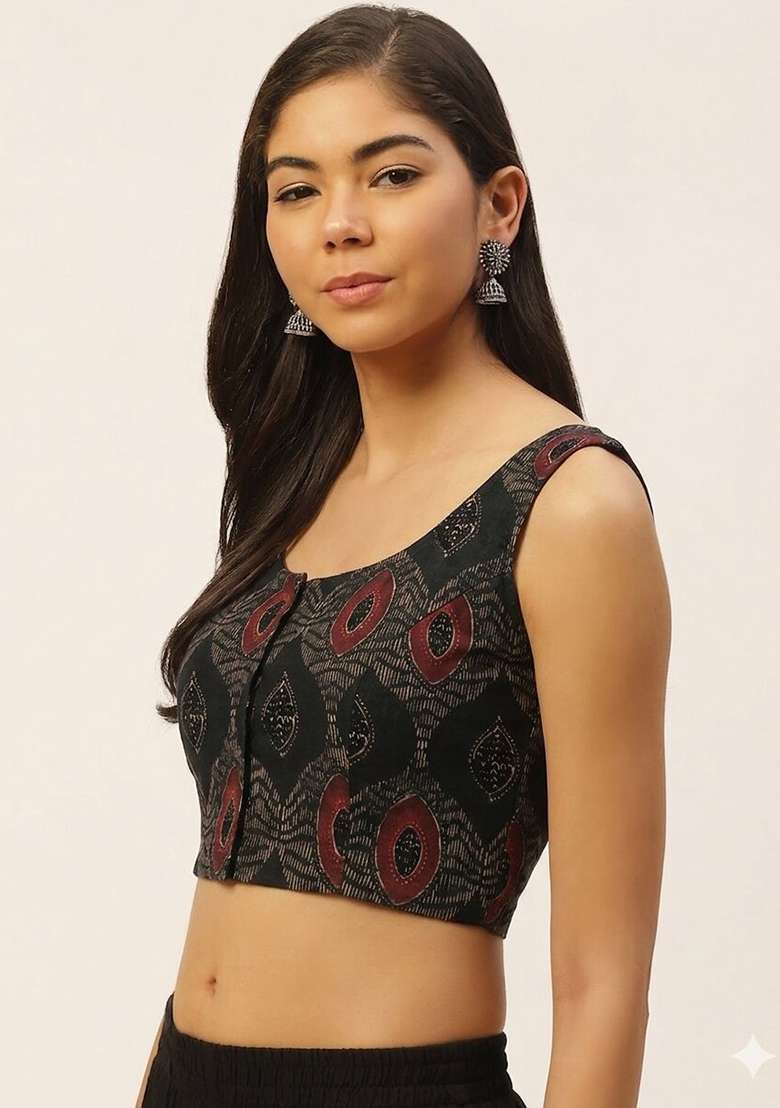 Black Printed Cotton Blouse - Indya