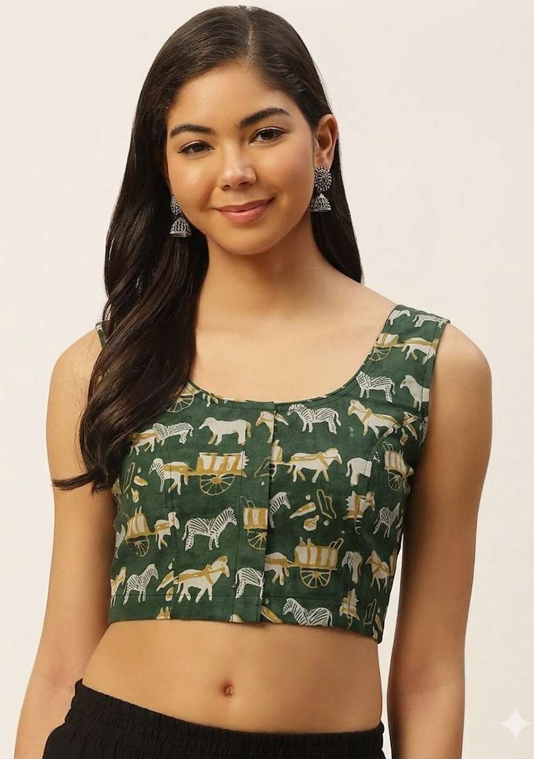 Green Printed Cotton Blouse - Indya