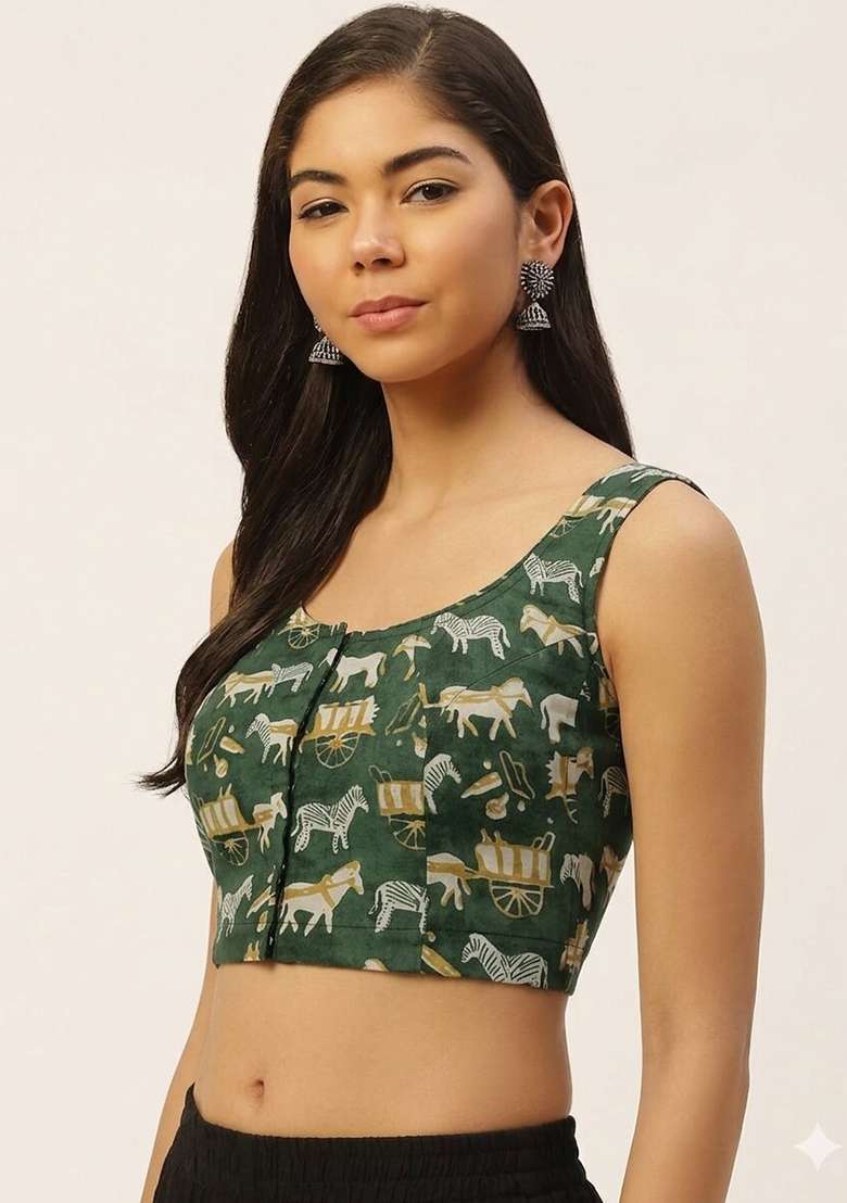 Green Printed Cotton Blouse - Indya