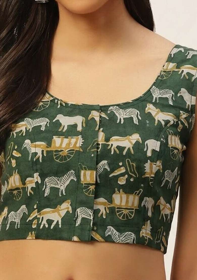 Green Printed Cotton Blouse - Indya