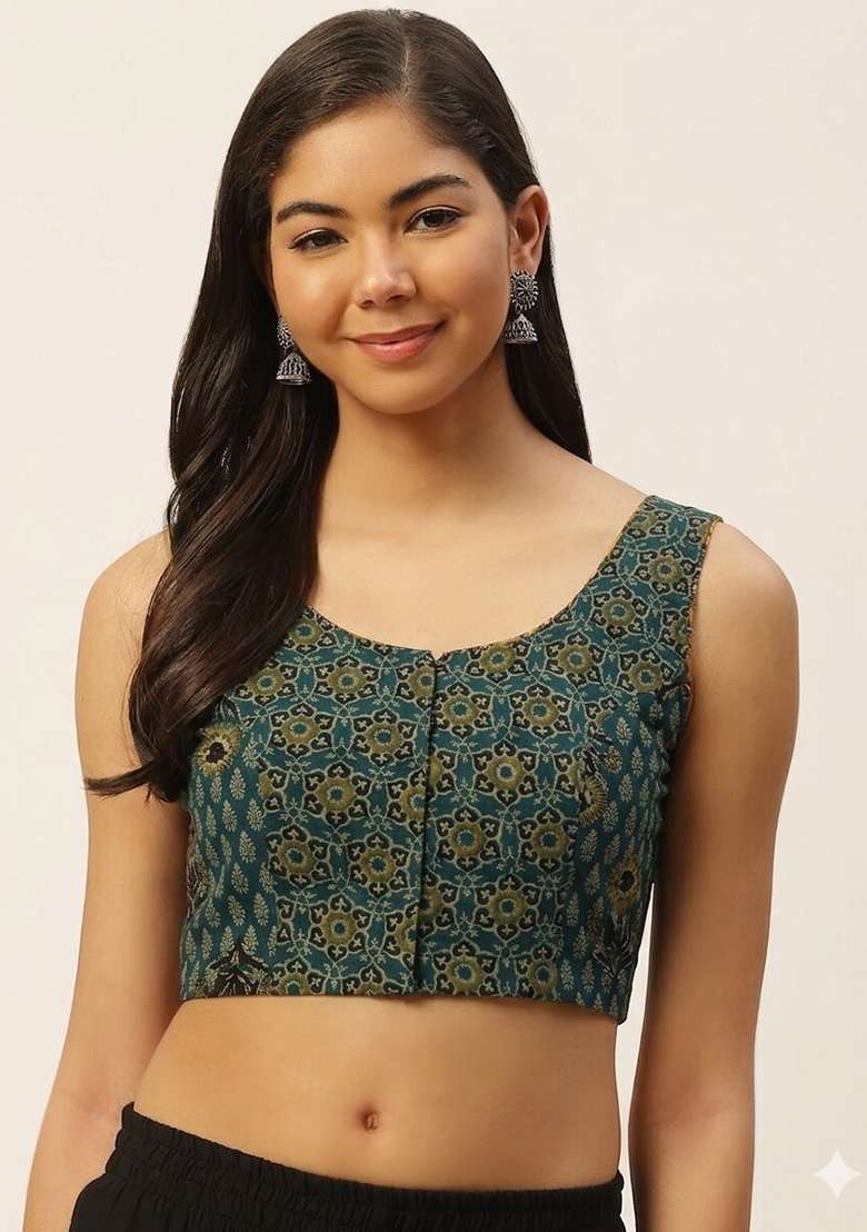 Green Printed Cotton Blouse - Indya