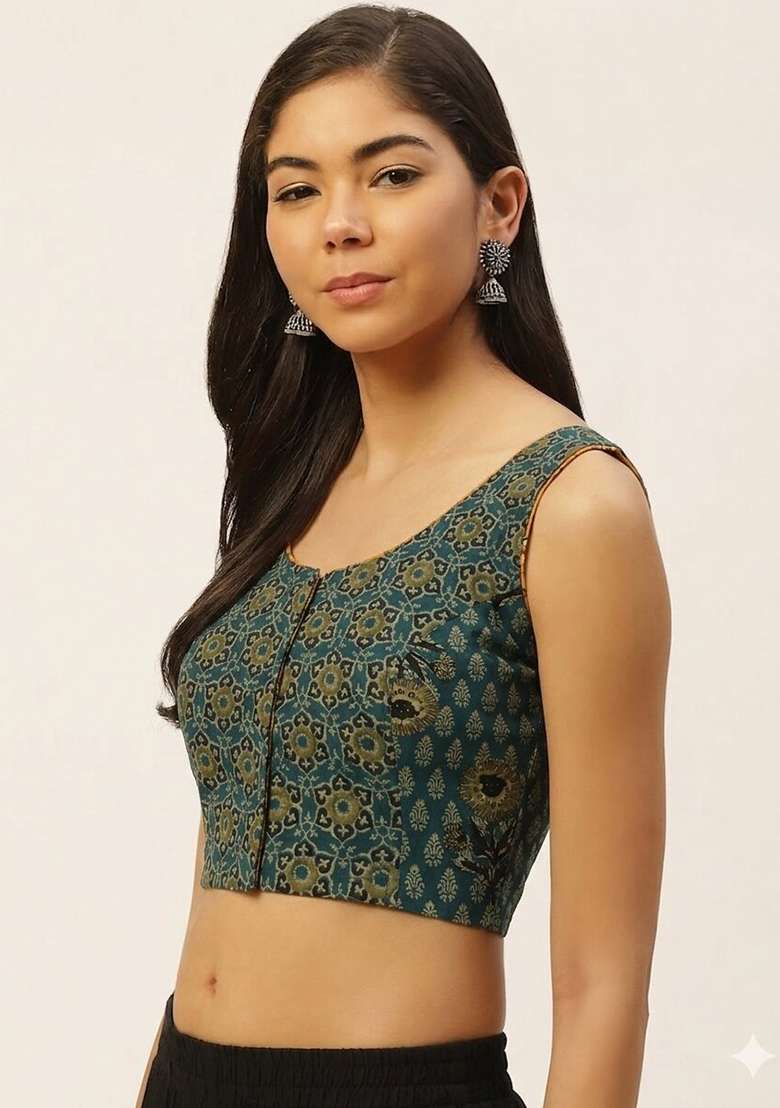 Green Printed Cotton Blouse - Indya