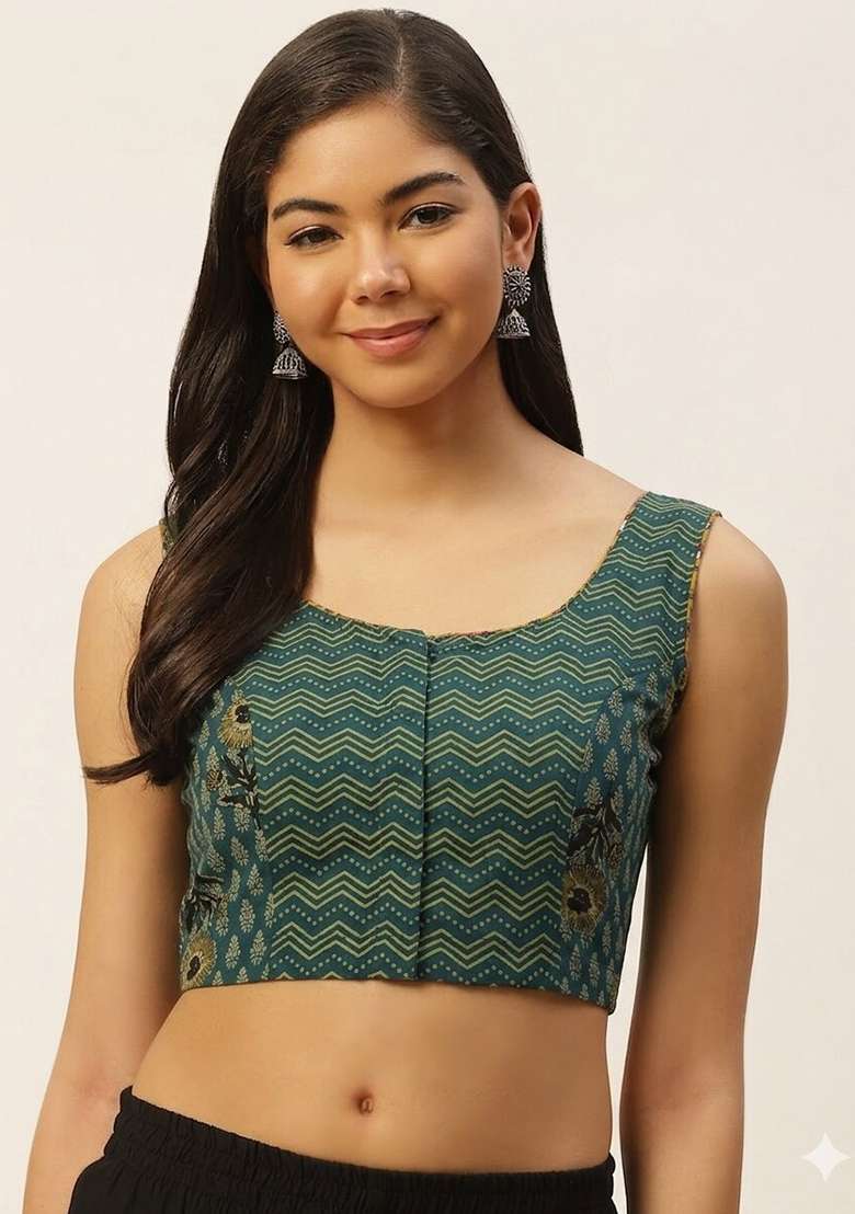 Green Printed Cotton Blouse - Indya