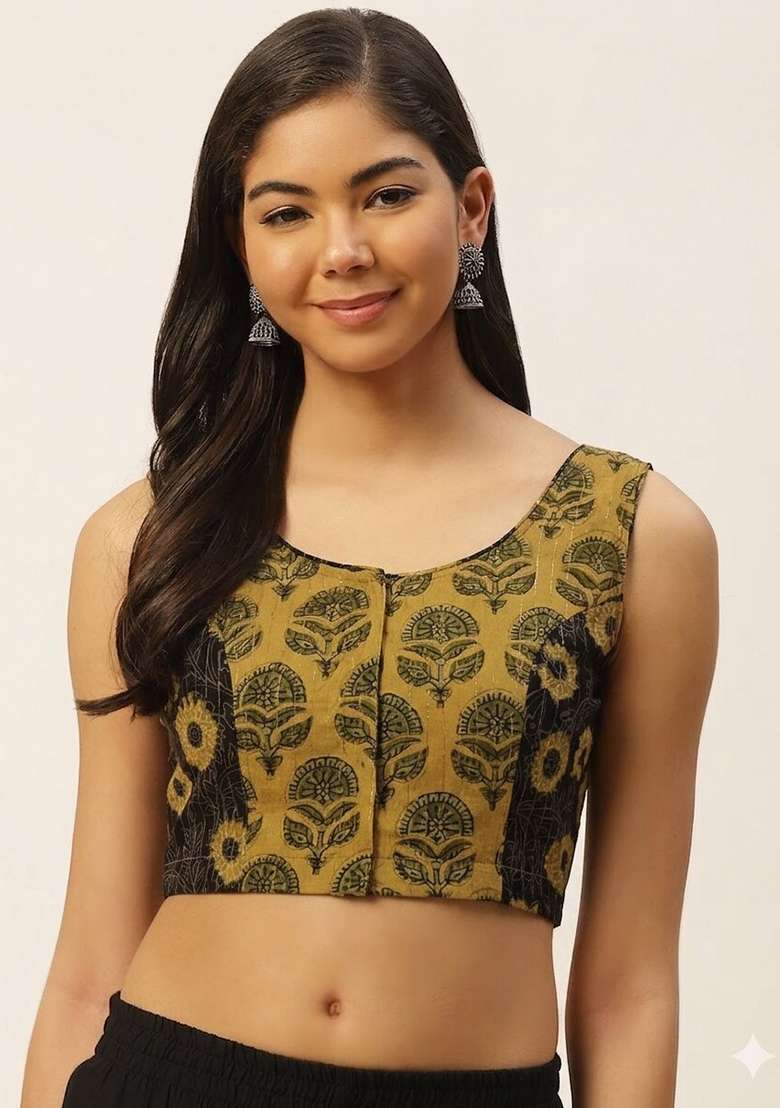 Mustard Printed Cotton Blouse - Indya