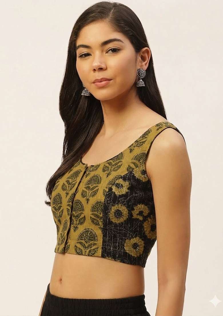 Mustard Printed Cotton Blouse - Indya