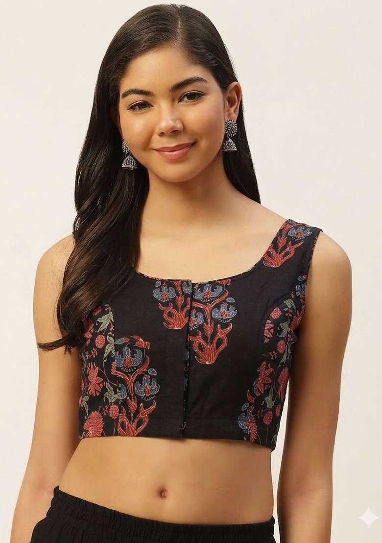 Black Printed Cotton Blouse - Indya