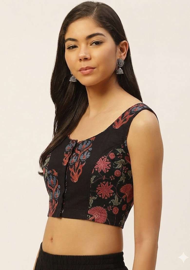 Black Printed Cotton Blouse - Indya