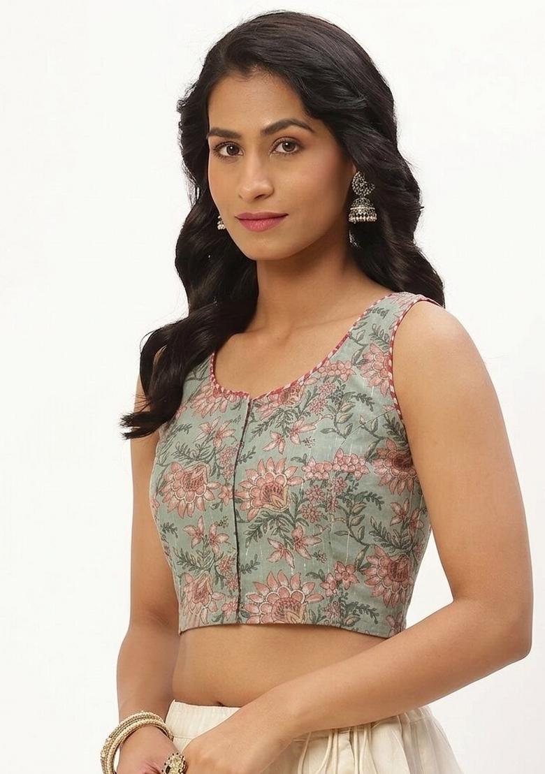Green Printed Cotton Blouse - Indya