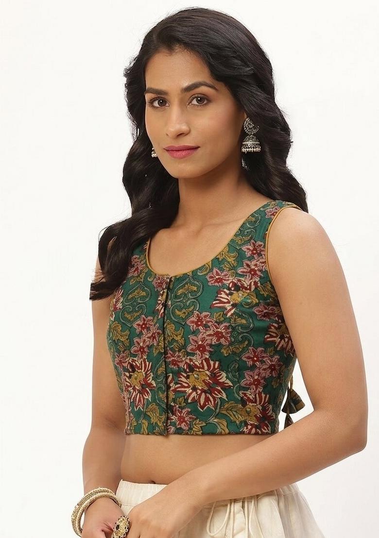 Green Printed Cotton Blouse - Indya