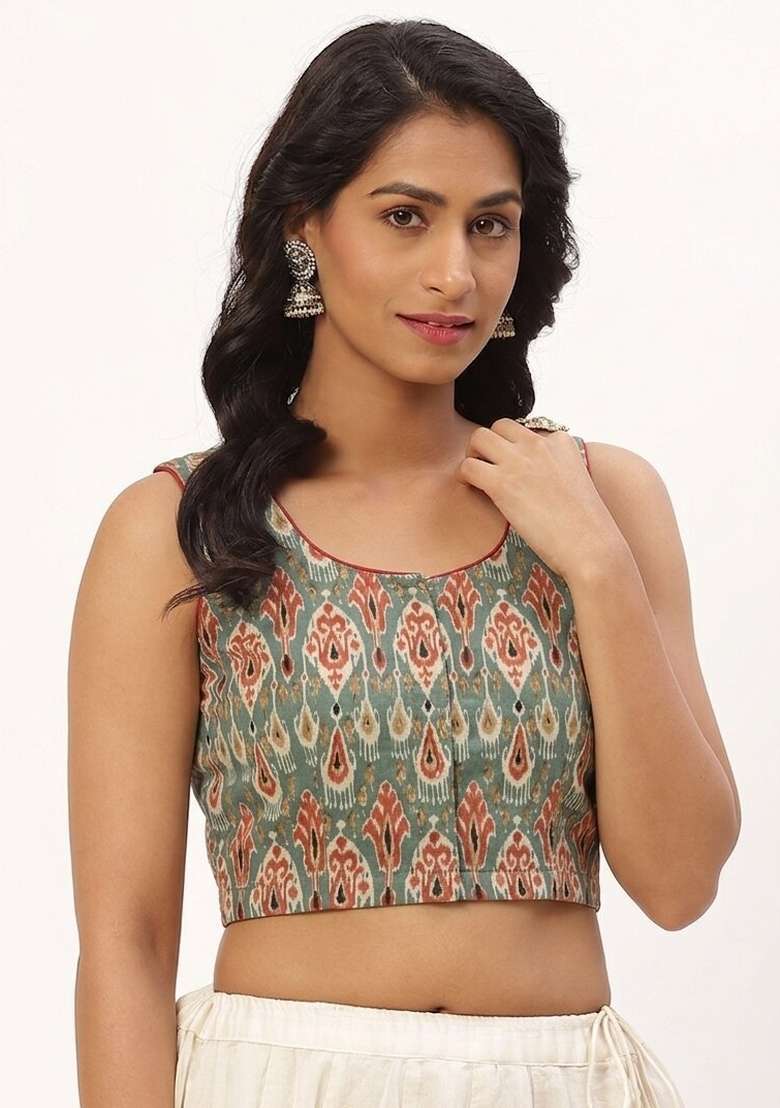 Green Printed Cotton Blouse - Indya