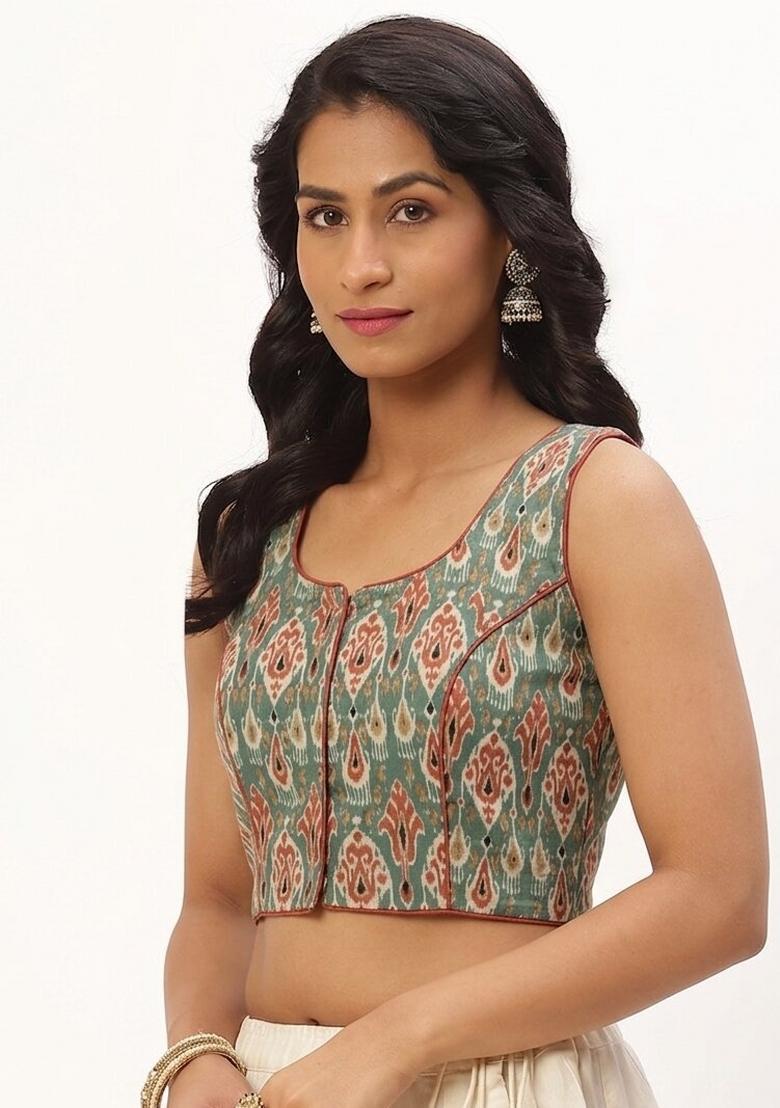 Green Printed Cotton Blouse - Indya