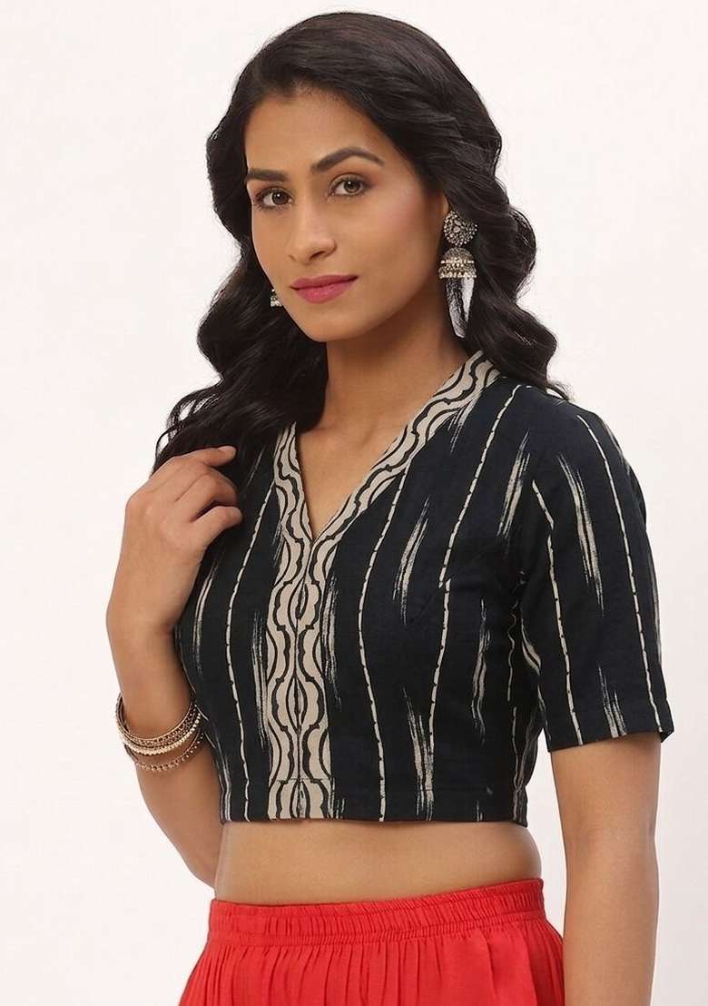 Black Printed Cotton Blouse - Indya