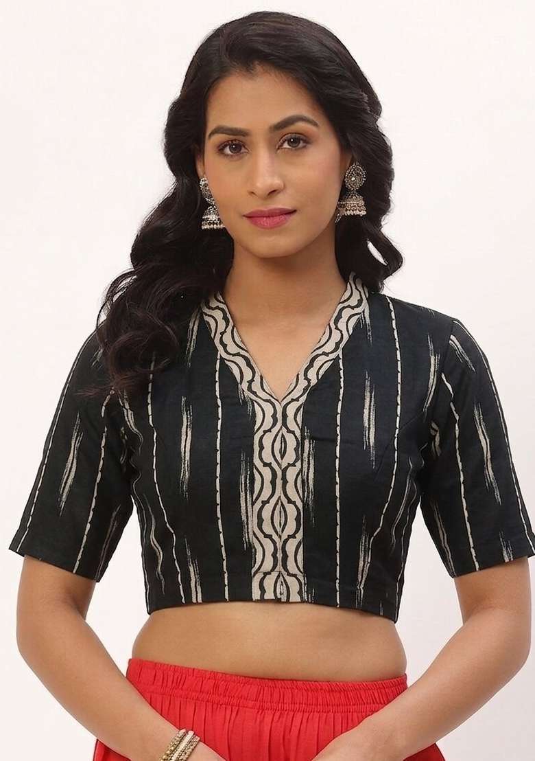 Black Printed Cotton Blouse - Indya