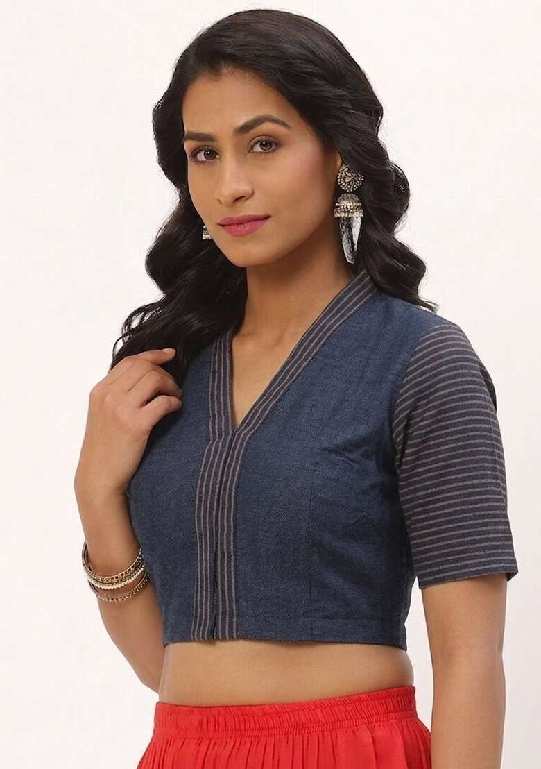 Navy Blue Printed Cotton Blouse - Indya