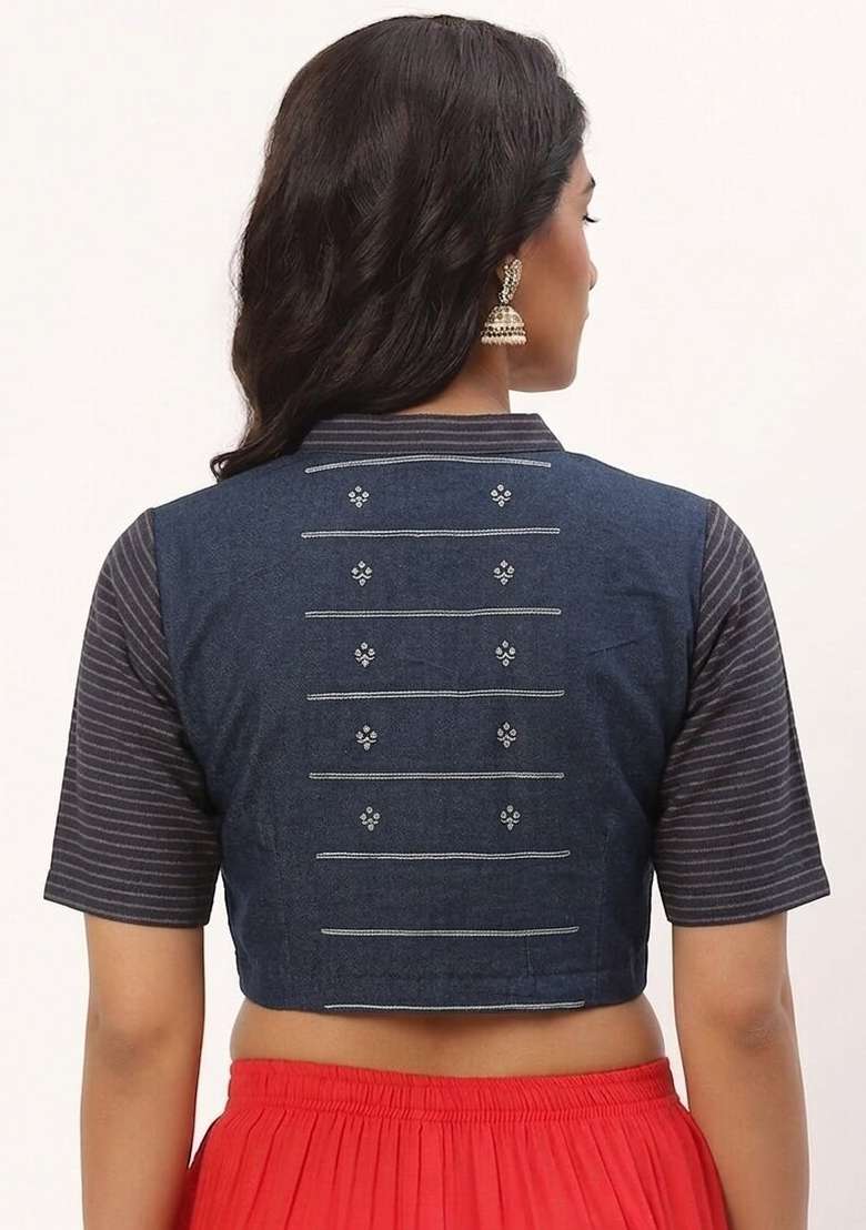 Navy Blue Printed Cotton Blouse - Indya