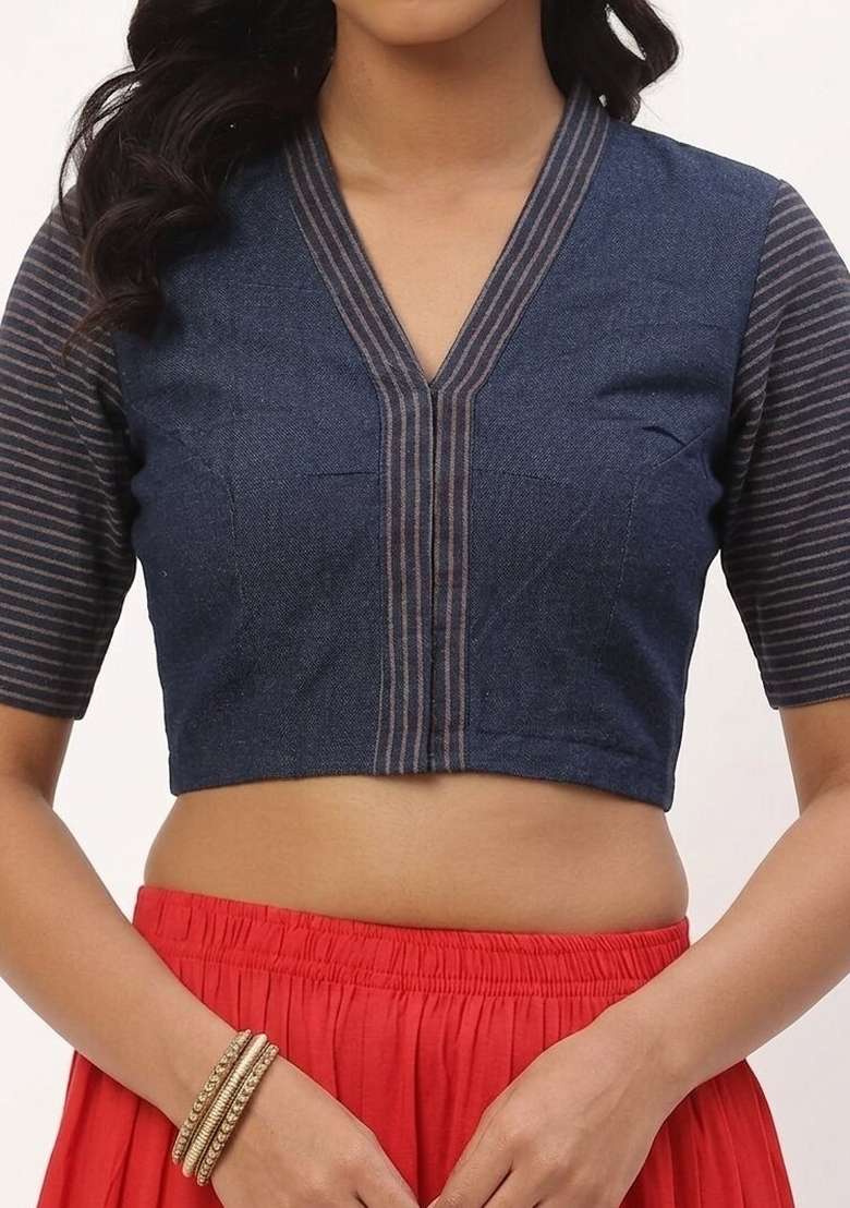 Navy Blue Printed Cotton Blouse - Indya