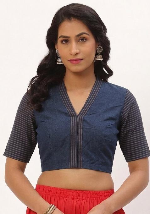 Navy Blue Printed Cotton Blouse