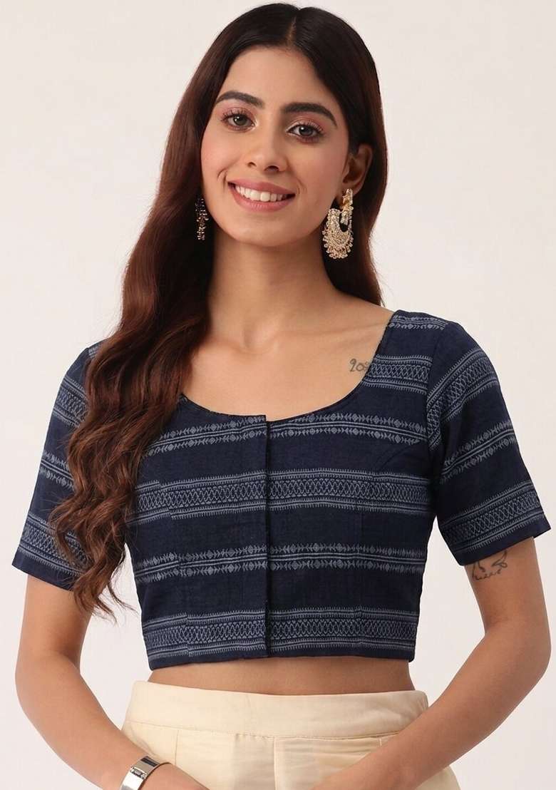 Navy Blue Printed Cotton Blouse - Indya