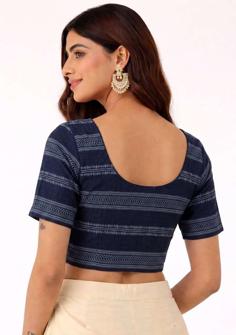 Navy Blue Printed Cotton Blouse - Indya