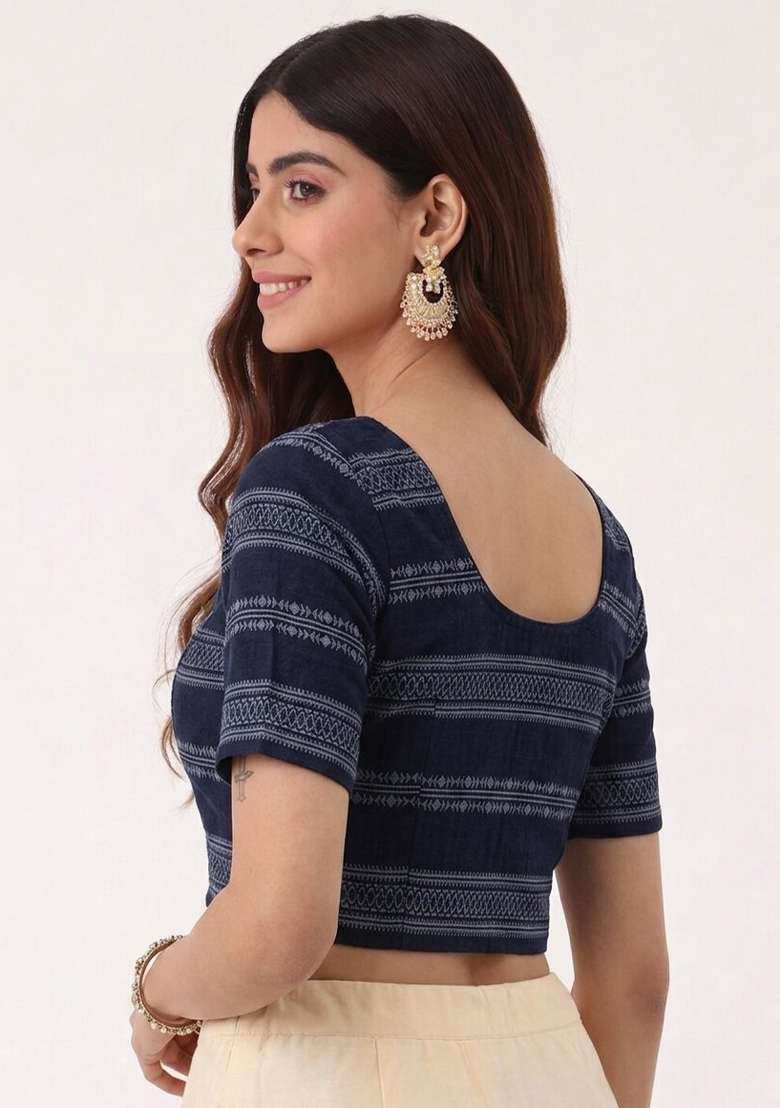 Navy Blue Printed Cotton Blouse - Indya