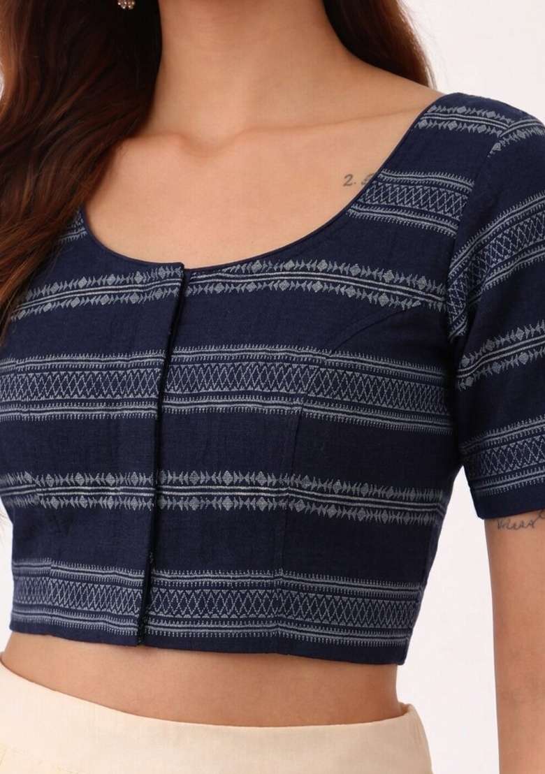 Navy Blue Printed Cotton Blouse - Indya