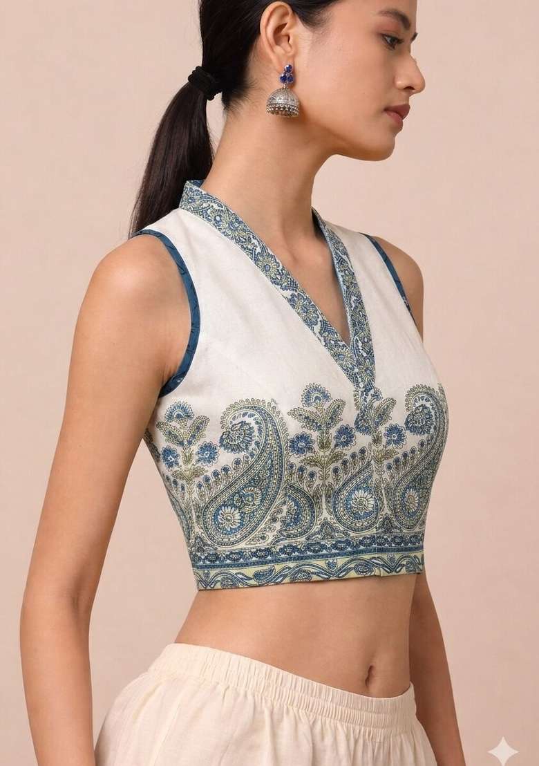 Blue Printed Cotton Blouse - Indya